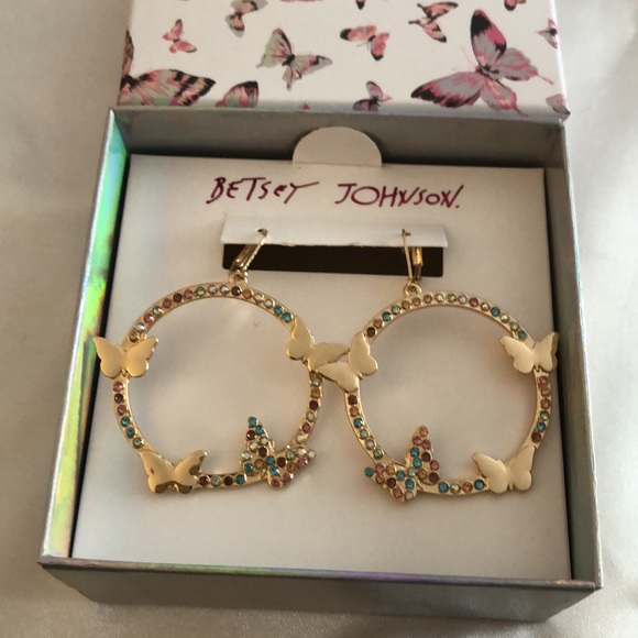 Betsey Johnson Gold Tone Gypsy Hoop Earrings Butterfly & Pastel Crystal Accents - Picture 2 of 12